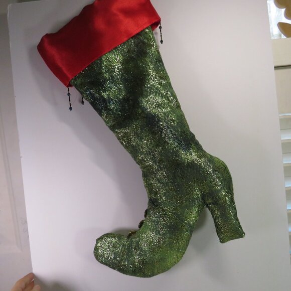 Green Brocade Vintage Victorian High Heel boot stocking Holiday 20" long - Picture 2 of 11